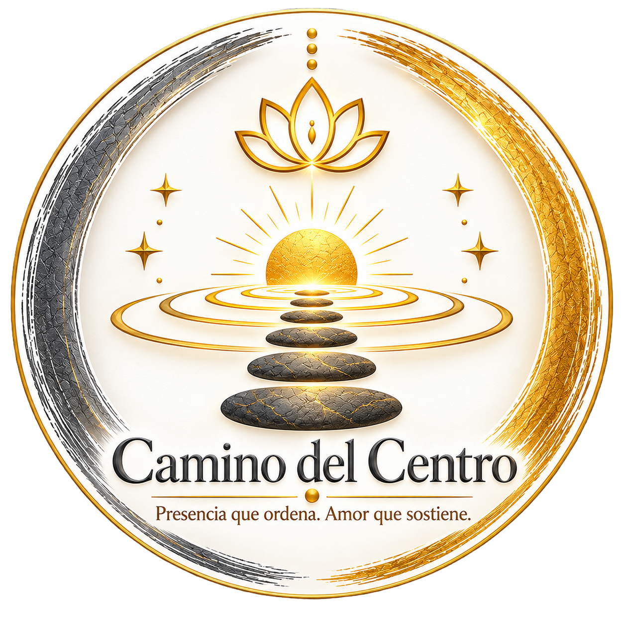 Remove the gray/silver brushstroke background from the logo, keeping only the circular golden logo with the lotus flower, zen stones, and "Camino del Centro" text. The result should have a fully transparent background.